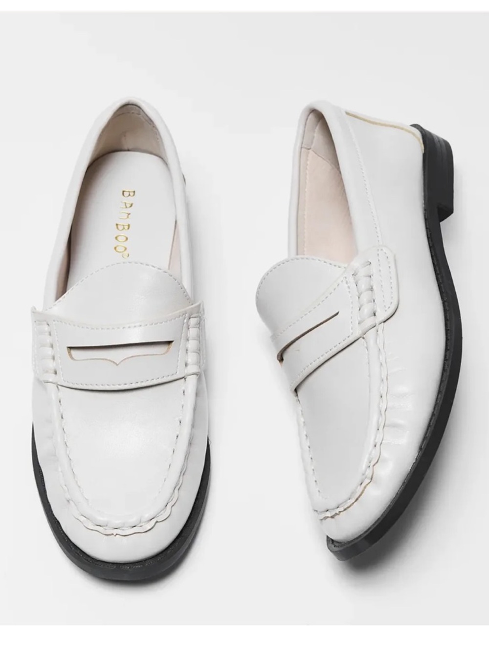 BAMBOO Cream Faux Leather Penny Loafers with Black Sole